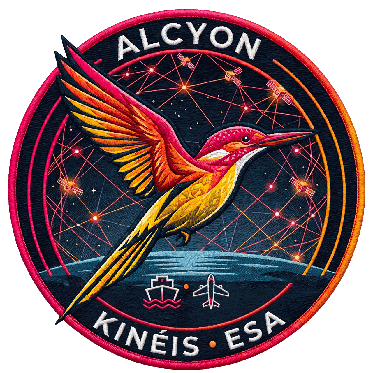 ALCYON mission patch: a kingfisher in flight over a satellite network, with ship and aircraft icons and the words Kinéis and ESA